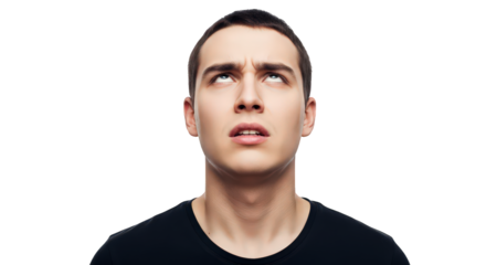 Man looking upwards with a confused or exasperated expression, isolated on transparent background facial expressions, human feelings