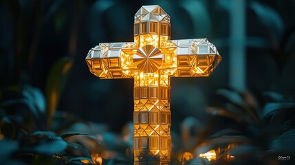 Modern Religious Monument - Illuminated Geometric Cross in a Tranquil Garden Setting A surreal modern city skyline with glowing religious symbolism, dramatic architecture, spirituality, hope, faith an