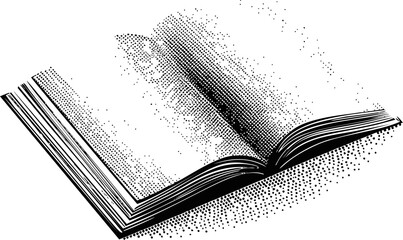 Open book illustration with halftone dots on white background. Vector illustration