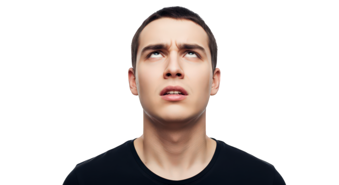 Man looking upwards with a confused or exasperated expression, isolated on transparent background facial expressions, human feelings