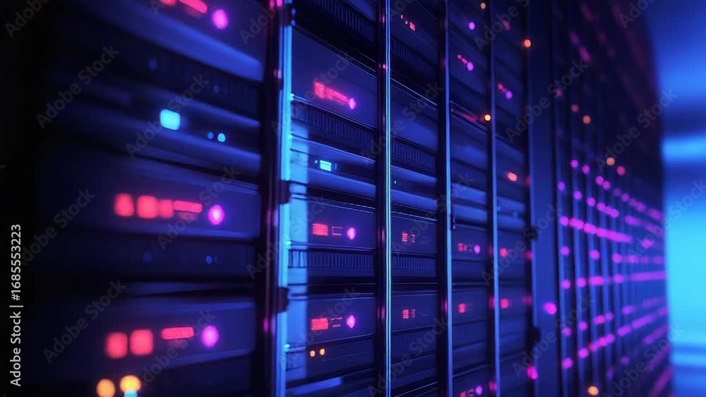 Poster server room blinking lights indicate working datacenter