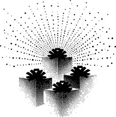 Halftone style black gifts with bows and a radiating dot pattern. Vector illustration
