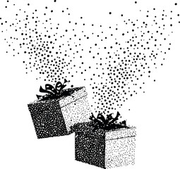 Two monochrome gift boxes with bows and scattered particles, vector art. Vector illustration