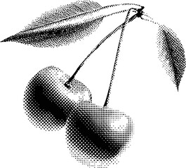 Black and white halftone illustration of cherries and leaves. Vector illustration