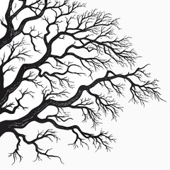 Intricate network of bare tree branches creating a dramatic silhouette against a white background
