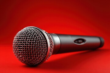 Vibrant Red Microphone on Bold Background, Perfect for Concerts and Broadcast Events