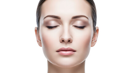 Fototapeta premium Close up portrait of a woman with closed eyes and makeup, isolated on transparent background facial expressions, human feelings