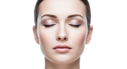 Close up portrait of a woman with closed eyes and makeup, isolated on transparent background facial expressions, human feelings