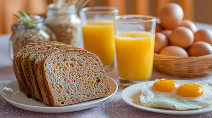 Fototapeta premium Breakfast spread featuring toast, eggs, and orange juice