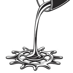 Viscous liquid pouring from a container onto a stylized gear shape creating a dynamic splash effect