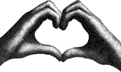 Hands forming a heart shape in stipple art, black and white illustration. Vector illustration