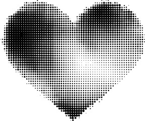 Black and white halftone heart pattern creating a gradient effect. Vector illustration