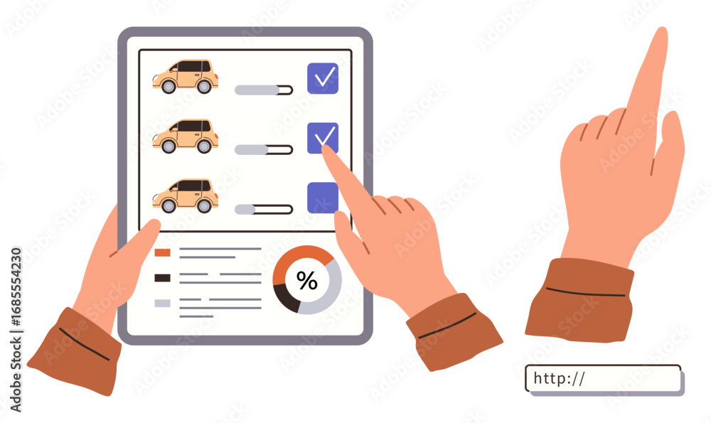 Aufkleber hands reviewing car options on a checklist, selecting preferences, analyzing data with a pie chart, 