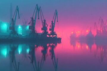 Obraz premium Foggy Port Scene with Cranes and Reflections in Colorful Lights