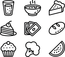 Selection of Foods and Snacks in Vector Graphics, Including a Drink, Soup, Two Slices of Cake, and Watermelon