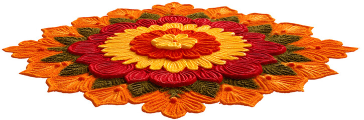 Traditional rangoli artwork with warm tones of red, range, and yellow arrangedin a circular flower desig isolated on a white backgound, png