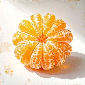 Peeled mandarin orange segments in a circular arrangement, brightly lit, against a textured white surface