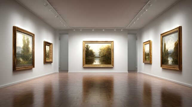 Elegant art gallery interior displaying classic landscape paintings in ornate gold frames, museum display. - Powered by Adobe