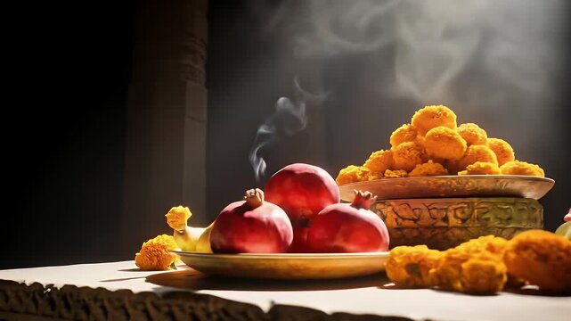 A dramatic light ray illuminates a stone altar featuring vibrant fruits and traditional sweets in a dark, ancient temple setting, creating a spiritual and reverent mood.