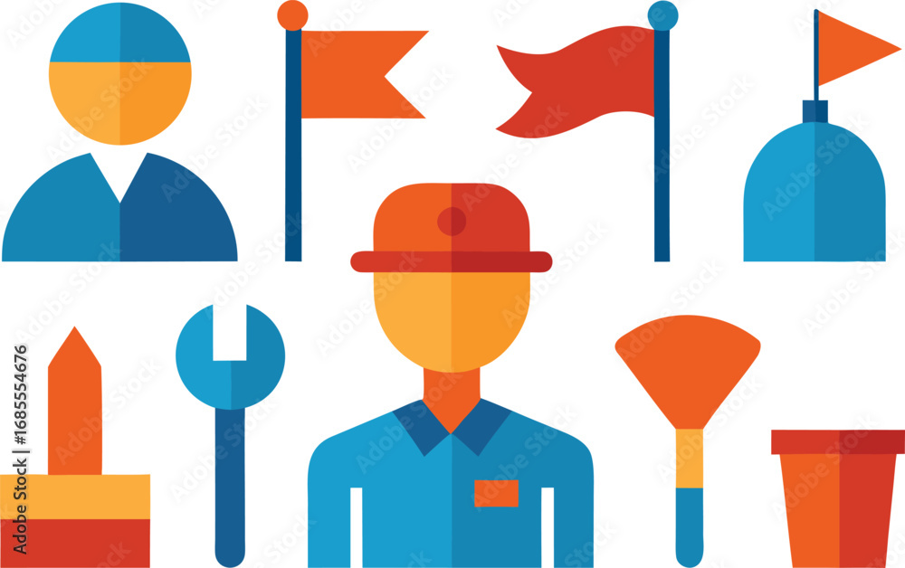 Poster labor day workers tools flags vector icons collection for general use eps