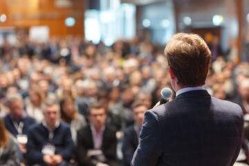 Fototapeta premium Engaging Business Talks at a Conference: Speaker Inspiring Audience in a Dynamic Event Setting