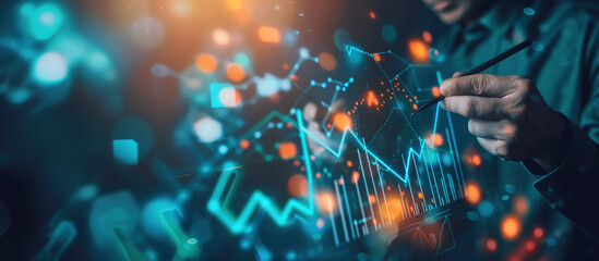 Business Insight: A person traces glowing financial data with a stylus, representing analysis, progress and innovation.