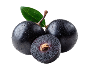 Close-up of three dark purple berries, two whole and one halved, with green leaves