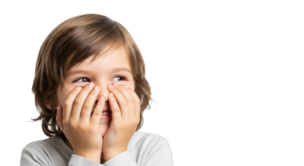 A young boy covering his face with his hands and looking away, isolated on transparent background facial expressions, human feelings