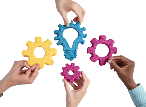 Diverse hands hold colorful gears, forming a central lightbulb