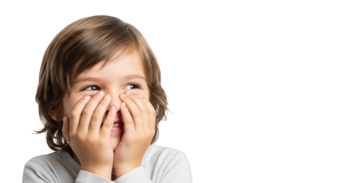 A young boy covering his face with his hands and looking away, isolated on transparent background facial expressions, human feelings