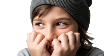 A young girl wearing a beanie, covering her mouth with her hands and looking away, isolated on transparent background facial expressions, human feelings