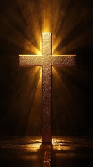 Modern Religious Monument - Golden Cross with Radiant Light Rays on Dark Background A surreal modern city skyline with glowing religious symbolism, dramatic architecture, spirituality, hope, faith and