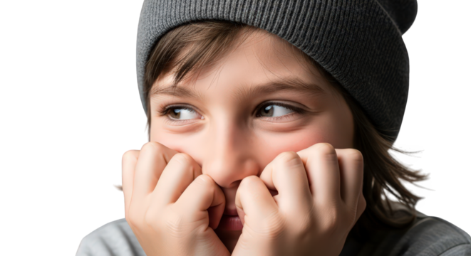 A young girl wearing a beanie, covering her mouth with her hands and looking away, isolated on transparent background facial expressions, human feelings