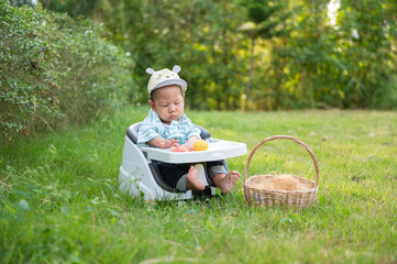 Baby Sitting in a High Chair on a Sunny Day in a Green Garden Enjoying Colorful Toys and a Basket