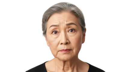 A senior asian woman with a concerned look, isolated on transparent background facial expressions, human feelings