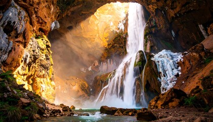 Waterfall cascading through a rocky cave entrance