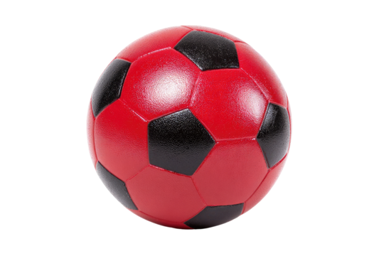 Red soccer ball, black panels, isolated