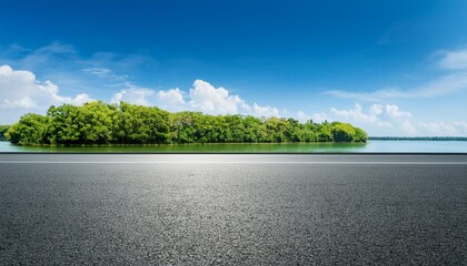 empty asphalt road and green trees with blue sky background over the lake in summer landscape nature view from side of empty street for product display