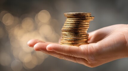 Hand holding a stack of golden coins, wealth, investment, financial security, savings concept.