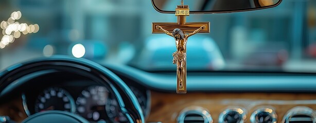 Modern Religious Monument - Hanging Crucifix in Car Interior with Blurred Background A surreal modern city skyline with glowing religious symbolism, dramatic architecture, spirituality, hope, faith an