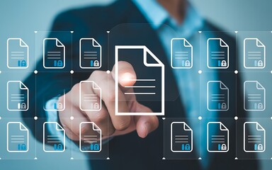 Secure Data Management: Businessman Accessing Encrypted Digital Documents on a Futuristic Interface