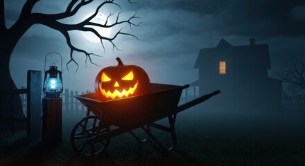 Spooky halloween pumpkin with glowing face in a wheelbarrow at night with a haunted house in the background