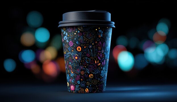 Vibrant photo of coffee cup stands on the digital grid, surrounded by neon lights and futuristic elements. the background is blurred with blue and purple tones, creating an.
