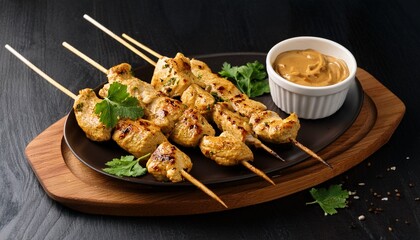 grilled chicken skewers served with peanut sauce garnished with herbs