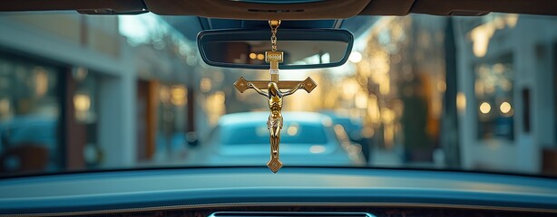 Golden Crucifix Futuristic Symbol - Elegant Golden Crucifix Hanging in Car Interior with Bokeh Background A surreal modern city skyline with glowing religious symbolism, dramatic architecture, spiritu