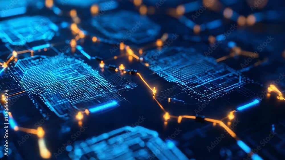 Poster Futuristic circuit board pulsating with data flow