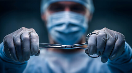 doctor wearing surgical mask holding surgical scissors