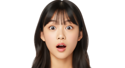 Young asian woman with bangs and wide eyes, mouth open in surprise, isolated on transparent background facial expressions, human feelings