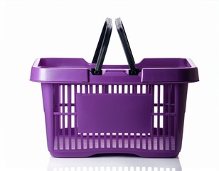 an purple plastic shopping basket with a black handle