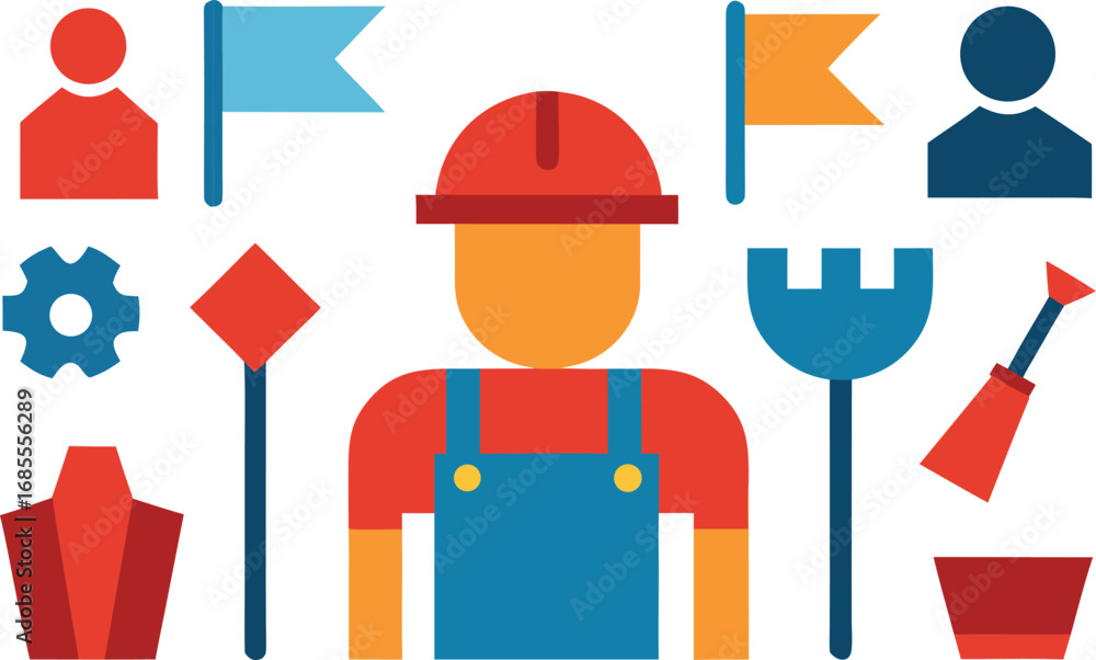 Poster labor day worker tools flags icons vector graphic illustration eps scalable icon set